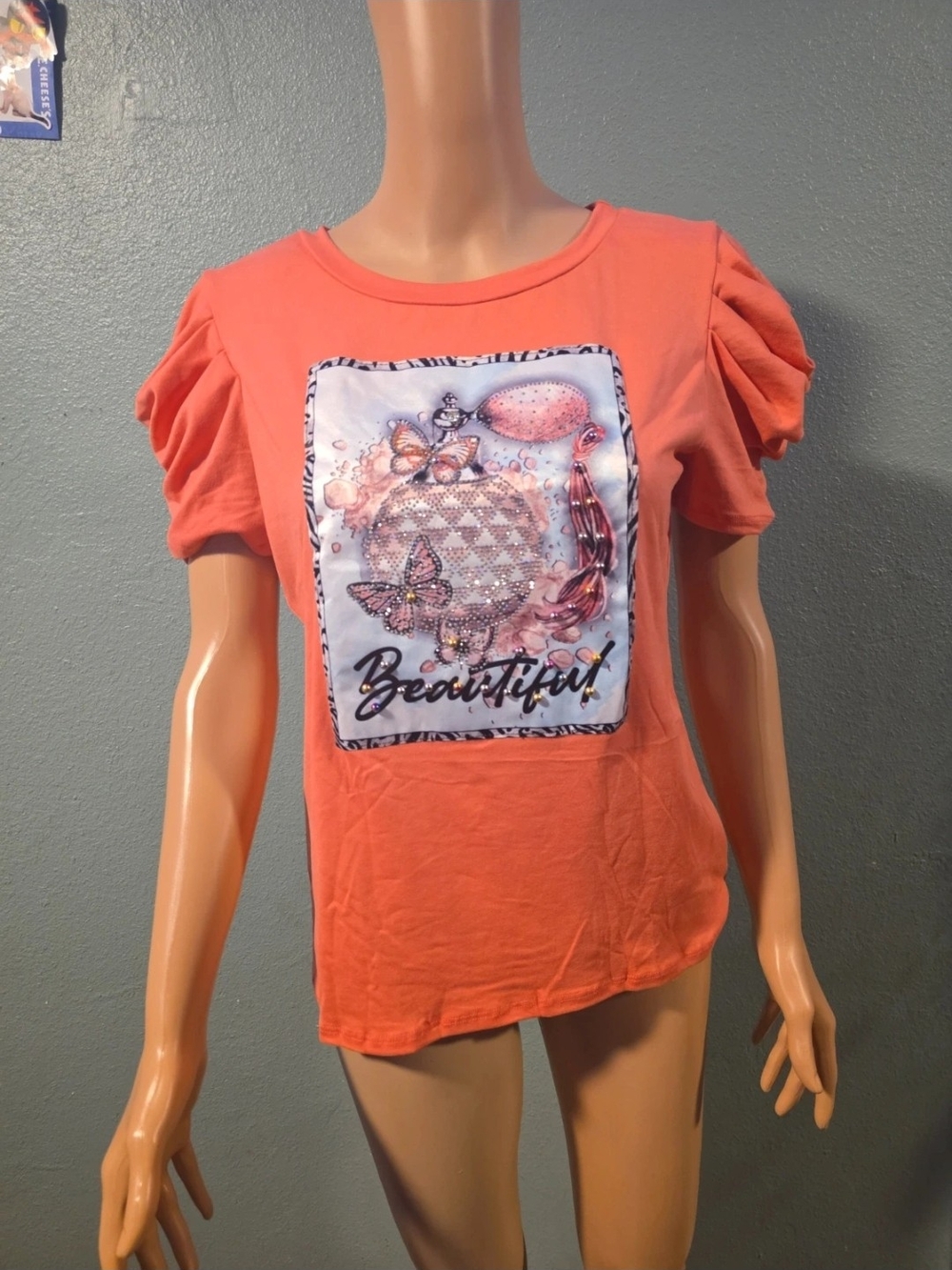 Rouge! Coral Short-Sleeve Puff Sleeve Top with Butterfly Panel